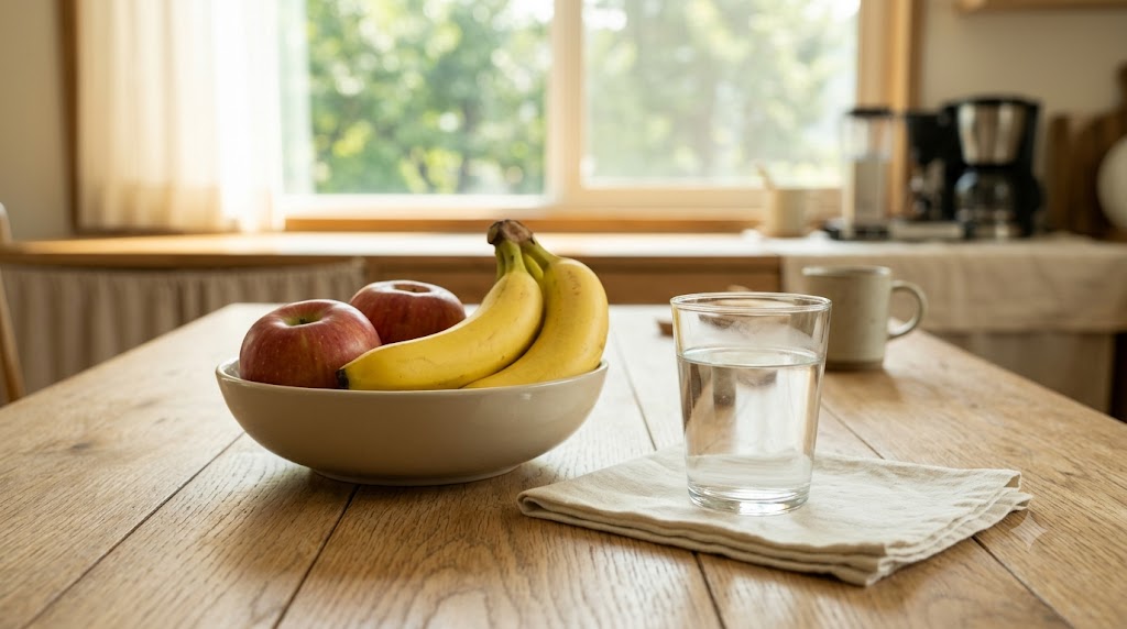 아침에 사과 바나나 그리고 물