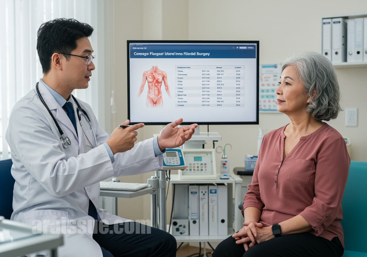 자궁근종 수술에 대한 실손보험 보장 범위를 설명하는 의사와 환자. 디지털 화면을 통해 보장 범위와 수술비를 보여주고 있는 모습.