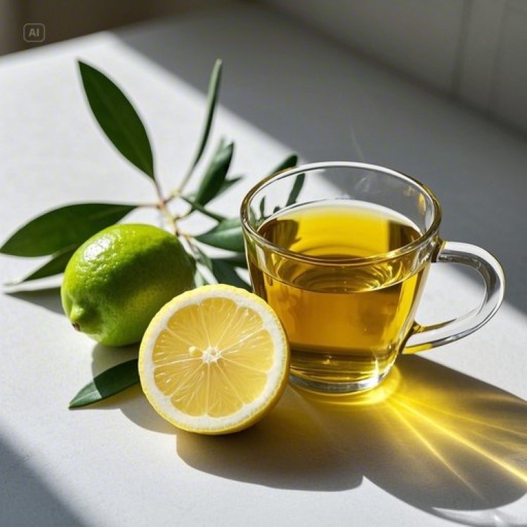 투명한 유리컵에 황금빛 올리브오일과 신선한 레몬즙이 어우러진 모습, 아침 햇살이 비치는 깨끗한 주방 배경, 신선한 레몬 슬라이스와 올리브 가지가 옆에 놓여있는 건강하고 자연스러운 분위기