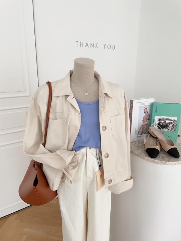 포유 카라 버튼 봄 숏 면자켓 E-478