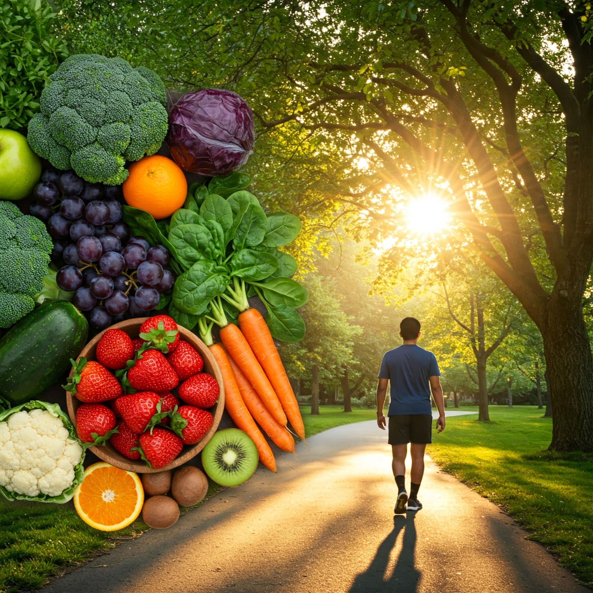 항산화 식품과 건강한 라이프스타일 / 시각화: 밝은 햇살 아래 신선한 과일과 채소, 걷기 운동하는 모습 / 톤: 활기차고 건강한 느낌