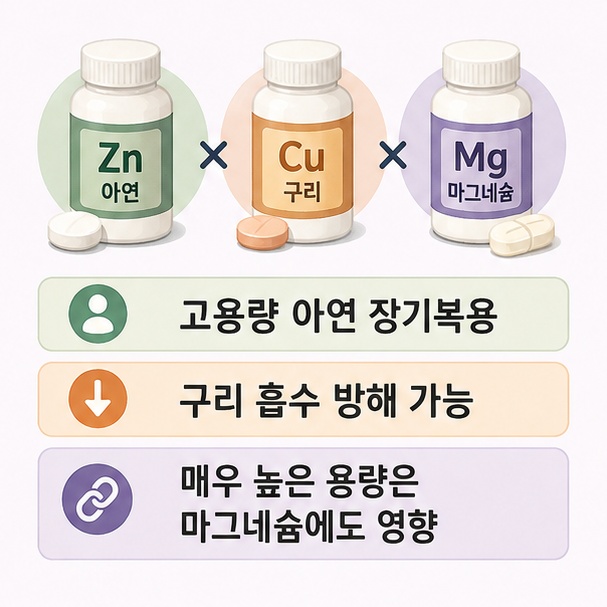 고용량 아연을 장기간 복용할 때 구리와 마그네슘 흡수에 영향을 줄 수 있음을 정리한 이미지