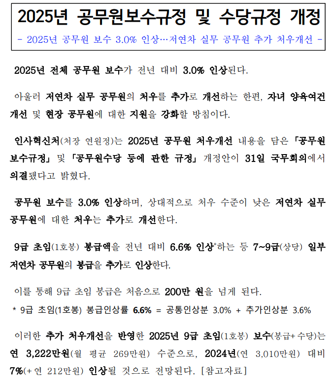 2025년 공무원 봉급표 실수령액 3분 정리