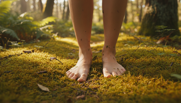 에코 웰니스를 상징하는 숲길에서의 맨발 걷기 모습
