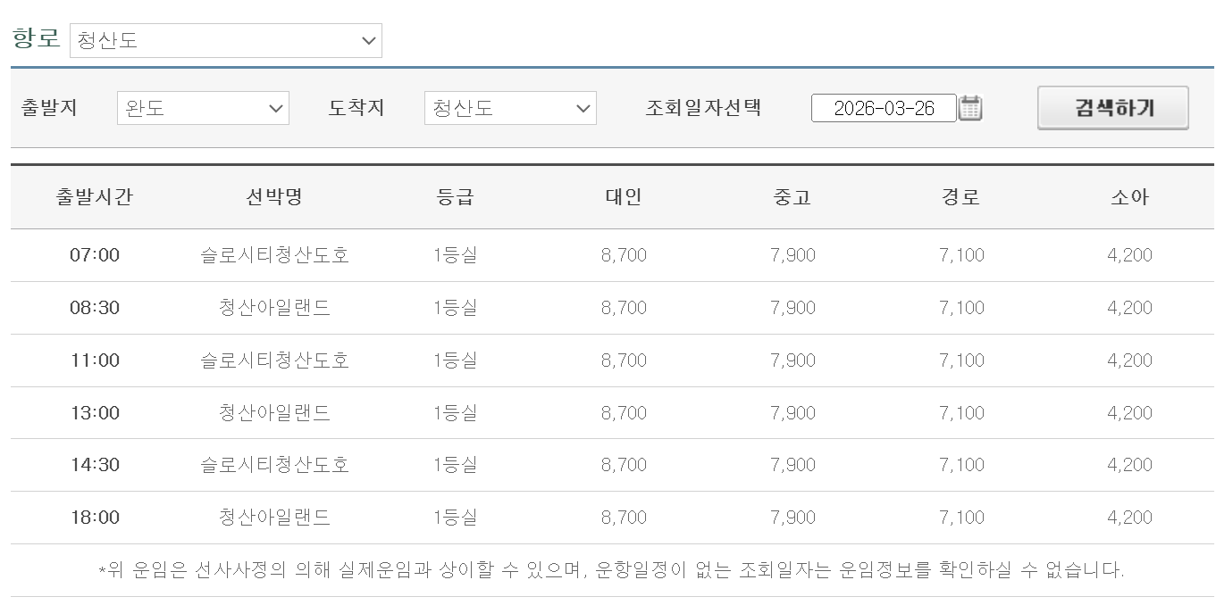 완도 청산도 배 시간 운임