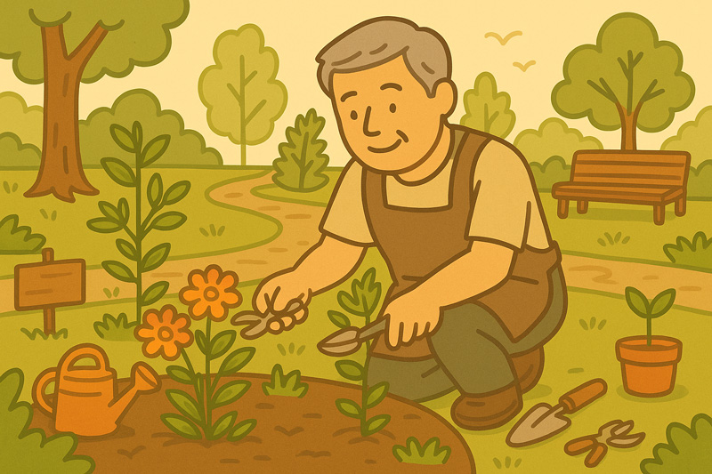 공원에서 식물을 가꾸며 조경 작업을 하고 있는 중장년 남성 조경기능사