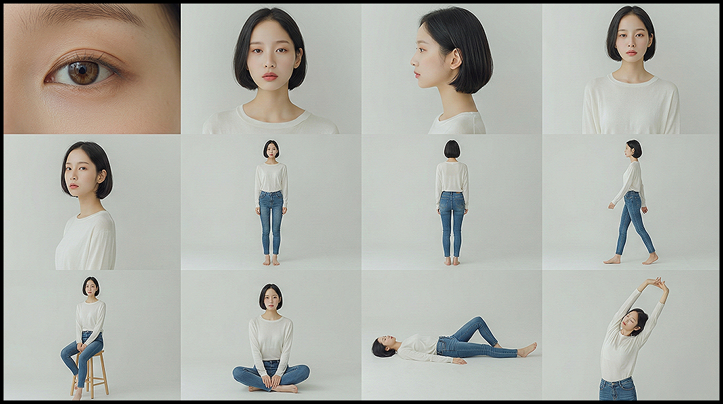 Nano Banana 인물 일관성 확장을 위해 Face Scale&middot;Body Scale&middot;Neutral Posture 조건을 12패널(4&times;3) 그리드로 묶어 Shot Size 범위를 한눈에 점검하는 기준 시트 이미지_Nano Banana
