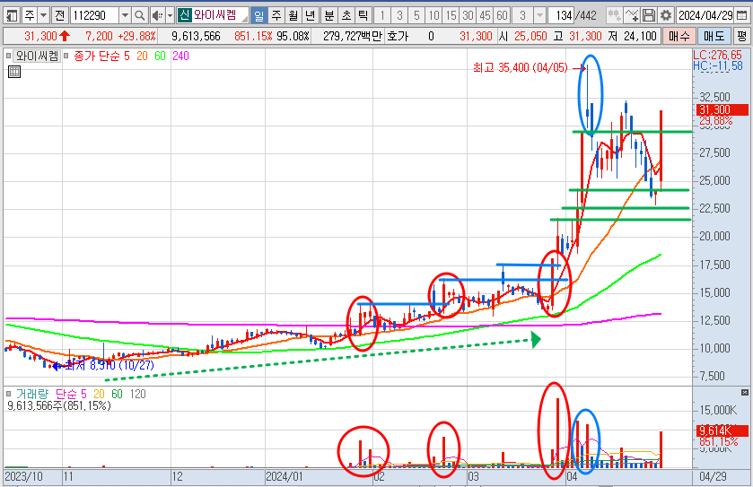 와이씨켐 주가 일봉 차트 분석