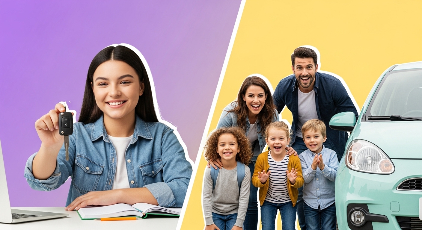 2025년 친환경차 보조금의 청년 및 다자녀 가구 추가 혜택을 상징하는 밝고 희망찬 젊은이와 가족의 모습.