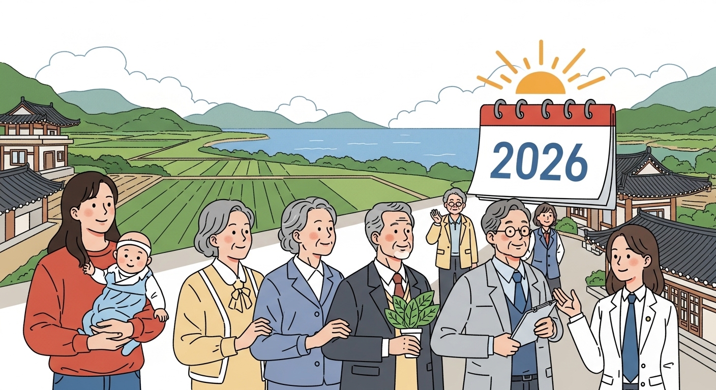 2026년 새해, 다양한 전남도민들이 새로운 정책 혜택을 기대하며 활짝 웃는 모습. 농어업인, 소상공인, 청년, 어르신 등 다양한 세대가 어우러져 희망찬 미래를 나타냅니다.