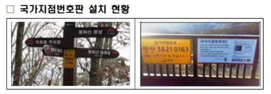 등산로에 설치된 국가지점번호판 입니다