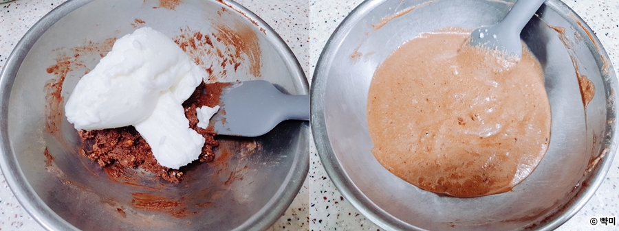 단백질 빵 반죽에 머랭 넣고 주걱으로 가볍게 섞어주기