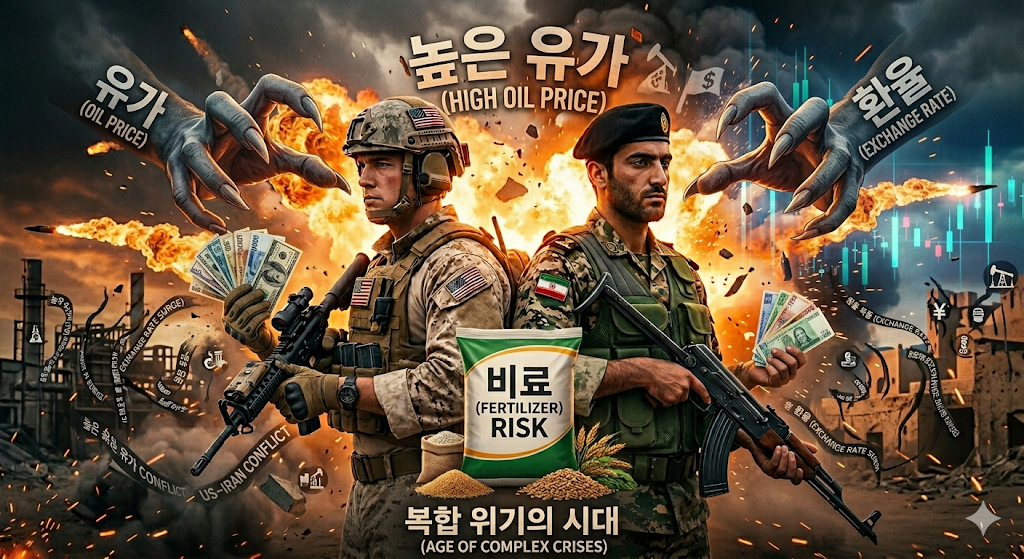 "고유가와 중동 갈등으로 인한 복합 경제 위기 구조도: 환율 상승, 금리 인하 지연, 비료 및 식료품 가격 리스크를 설명하는 인포그래픽"