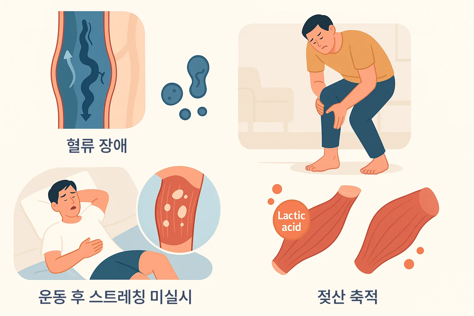 다리에 혈류가 원활하지 않은 단면도, 하지 정맥류나 말초혈관 질환을 나타내는 이미지, 장시간 서서 일한 뒤 피로한 다리, 운동 후 스트레칭 없이 잠자리에 드는 장면, 근육에 젖산이 쌓인 그래픽