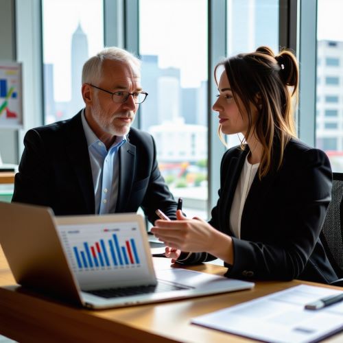 신사업 아이디어 컨설턴트가 자영업자에게 컨설팅을 하고 있다.