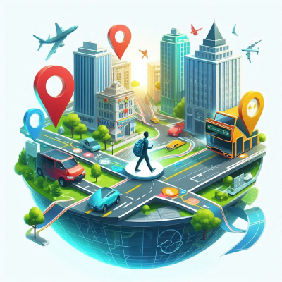 글로벌 여행을 위한 위치 아이콘과 도시 지도가 결합된 가상 장면