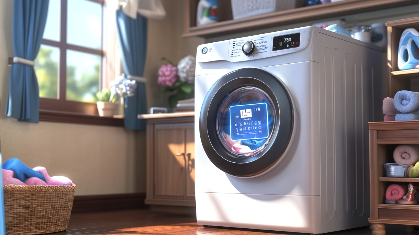 사용자 습관에 기반한 개인 맞춤형 세탁 주기를 보여주는 AI 스케줄링 표시와 함께 AI 세탁기가 놓인 가정의 활기찬 이미지.
