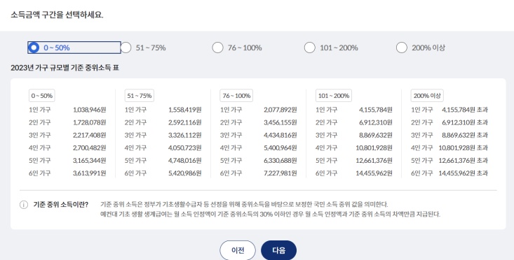 정부 24 보조금 간편 찾기 소득금액 구간 선택하기