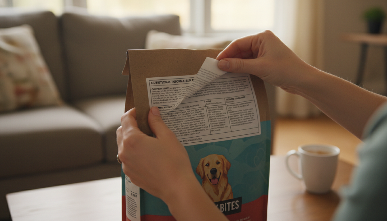 강아지 사료 뒷면의 제조원(OEM) 라벨을 꼼꼼하게 확인하는 보호자의 손