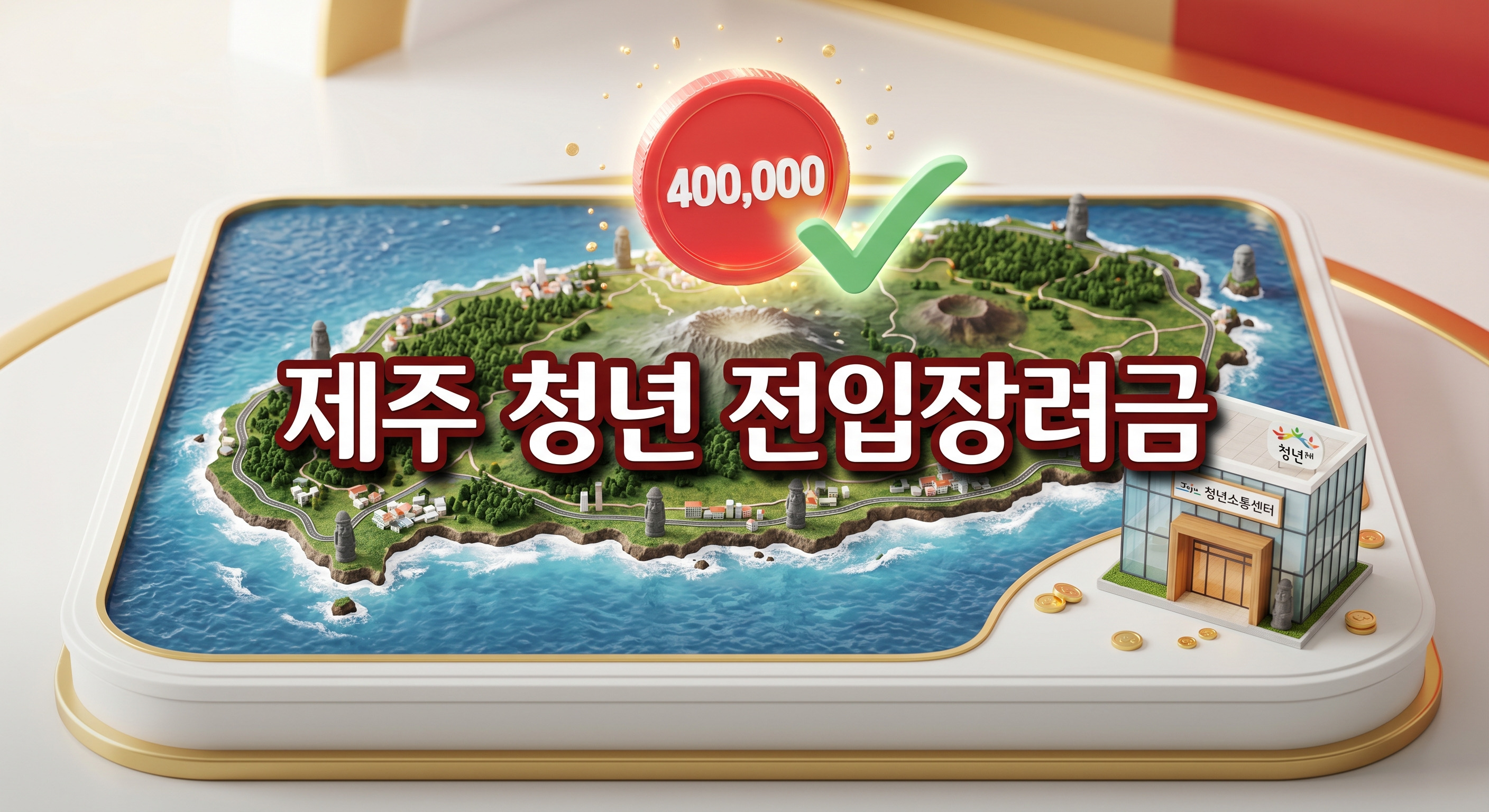 아름다운 제주도 미니어처 지도 모델 위로 40만 원을 상징하는 붉은색 디지털 동전과 초록색 체크 표시가 떠 있고, 그 옆에 세련된 주민센터 아이콘이 있는 3D 일러스트 배경에, 짙은 그림자와 외곽선으로 선명하게 강조된 '제주 청년 전입장려금'이라는 한글 문구가 중앙에 적힌 이미지