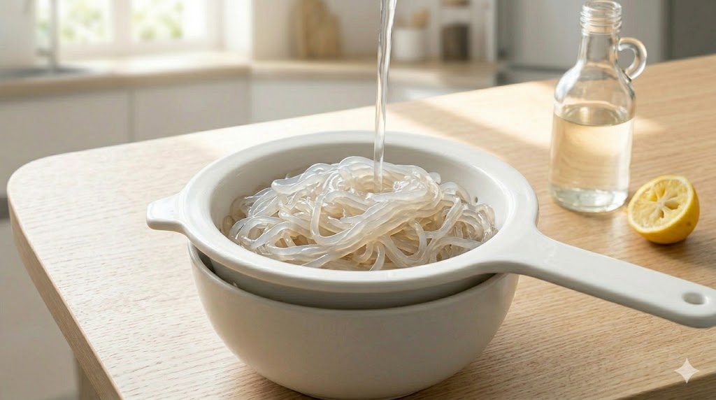 하얀색 체에 담긴 투명한 실곤약 면이 수전에서 나오는 깨끗한 물줄기에 헹궈지고 있는 근접 사진. 곤약 특유의 쫄깃한 질감이 살아 있으며, 위생적이고 신선한 조리 과정을 보여준다