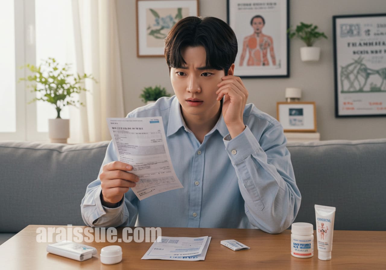 의료비 고지서를 들고 고민하는 남성의 모습