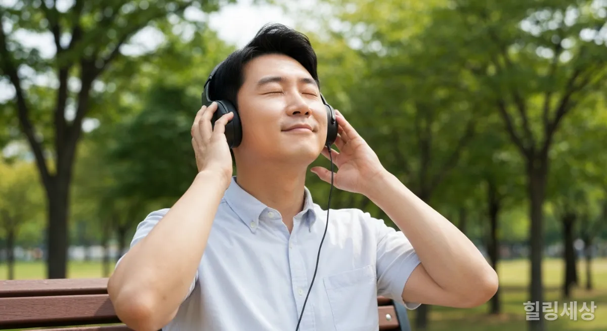 공원 벤치에 앉아 자연의 소리를 듣는 남성