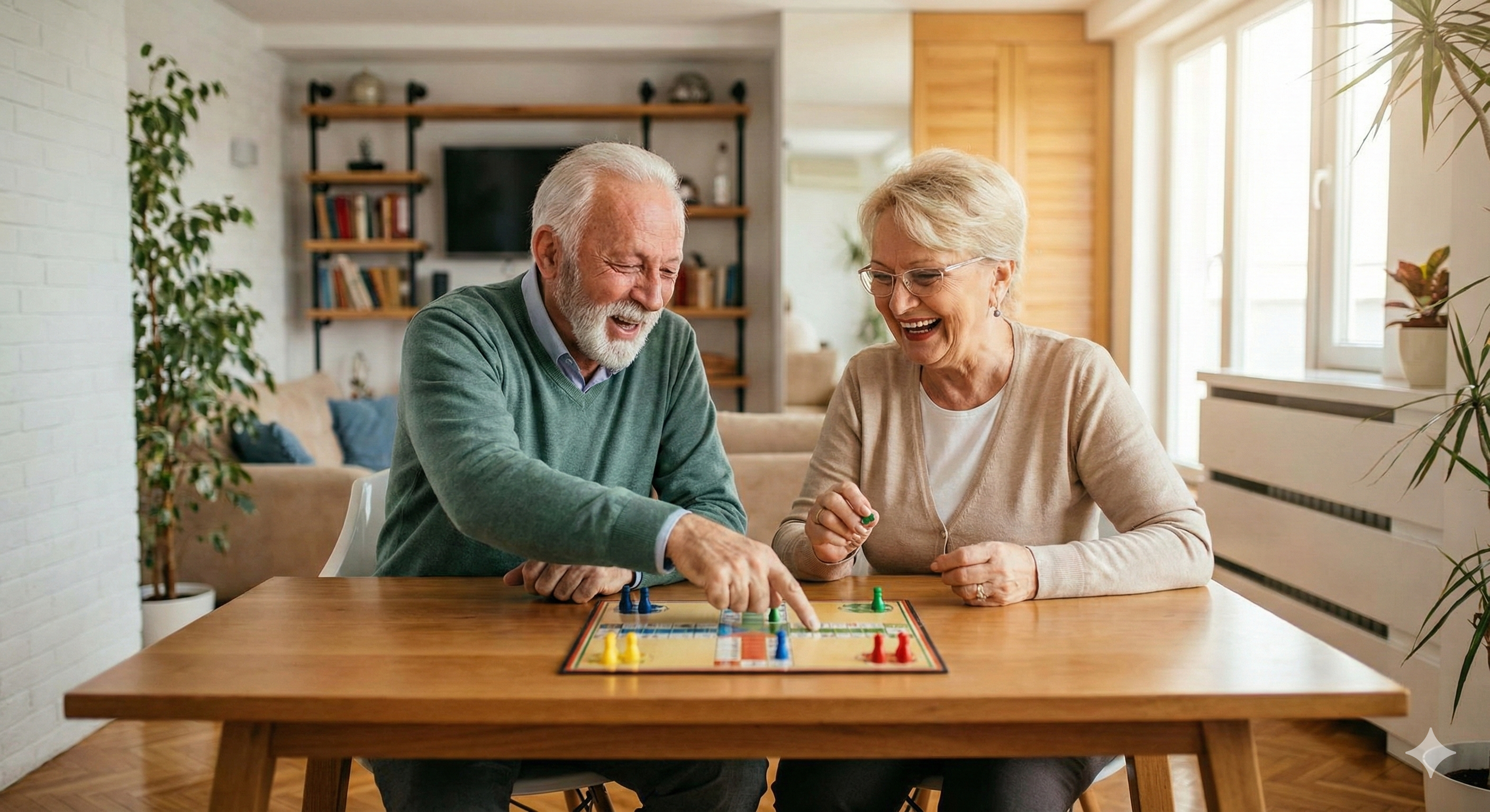 치매 예방을 위해 즐겁게 보드게임을 하는 노부부