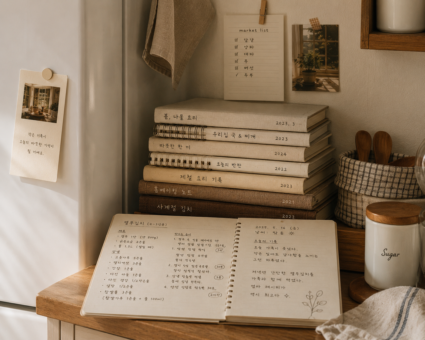 주방 한쪽에 연도별로 차곡차곡 쌓여있는 살림 기록 노트들과, 그날의 메뉴와 일상의 단상이 꼼꼼하게 적혀 펼쳐져 있는 필기 노트