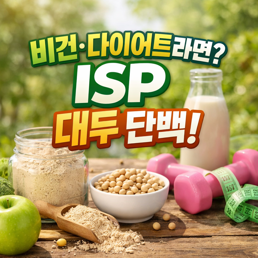 야외 배경의 테이블 위 대두와 대두단백 가루, 아령과 줄자가 놓여 있고 &ldquo;비건&middot;다이어트라면? ISP 대두 단백!&rdquo; 문구가 들어간 썸네일 이미지