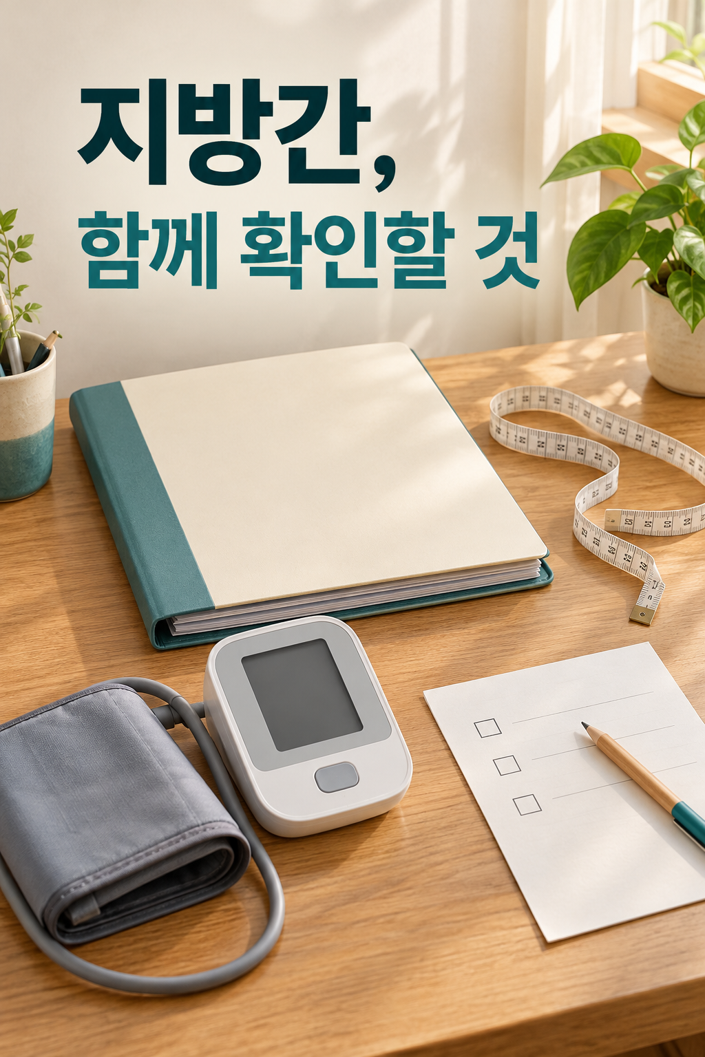 검진 자료를 담을 폴더와 줄자, 화면이 꺼진 혈압계, 빈 메모지