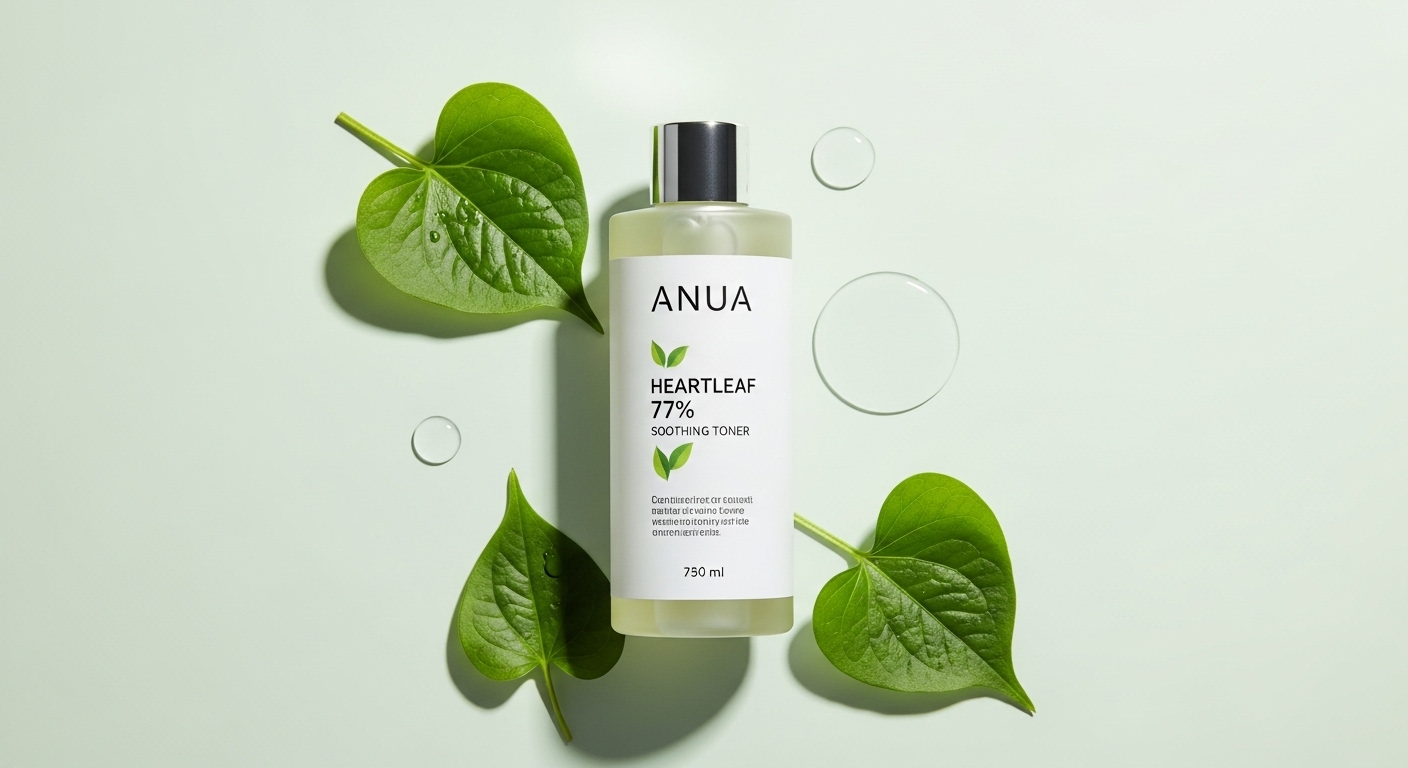 아누아 어성초 77% 수딩 토너 제품 이미지. 초록색 배경에 투명한 용기 토너가 놓여 있고, 주변에 어성초 잎과 물방울이 보인다.