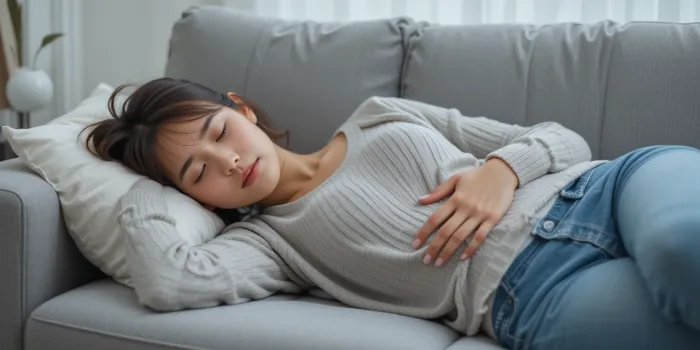 배를 잡고 누워 쉬는 모습