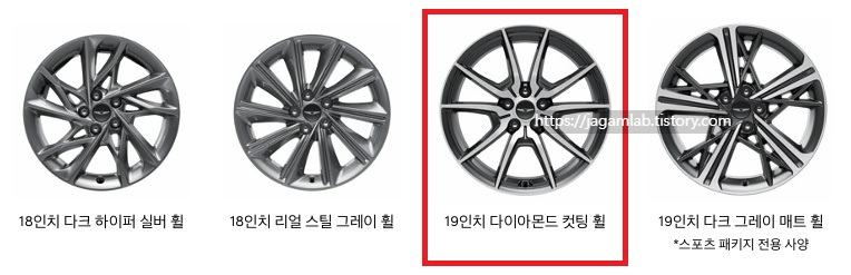 2026 G70 18인치 다크 하이퍼 실버 휠, 18인치 리얼 스틸 그레이 휠, 19인치 다이아몬드 컷팅 휠, 19인치 다크 그레이 매트 휠 디자인