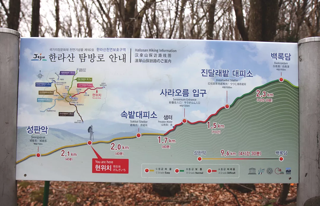 한라산 탐방로 안내 성판악, 속밭대피소, 진달래밭 대피소, 백록담 안내판 사진.
