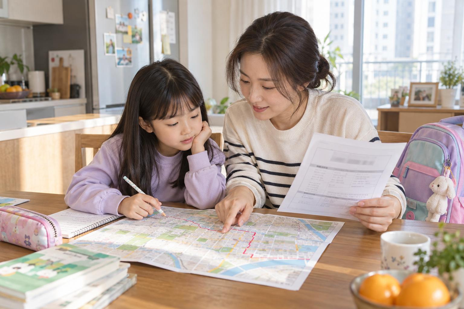 초등학교 취학학교를 바꾸고 싶을 때, 변경 사유·승낙·통학 안전 확인 순서 상황에서 부모와 아이가 필요한 정보를 함께 확인하는 실제 생활 장면
