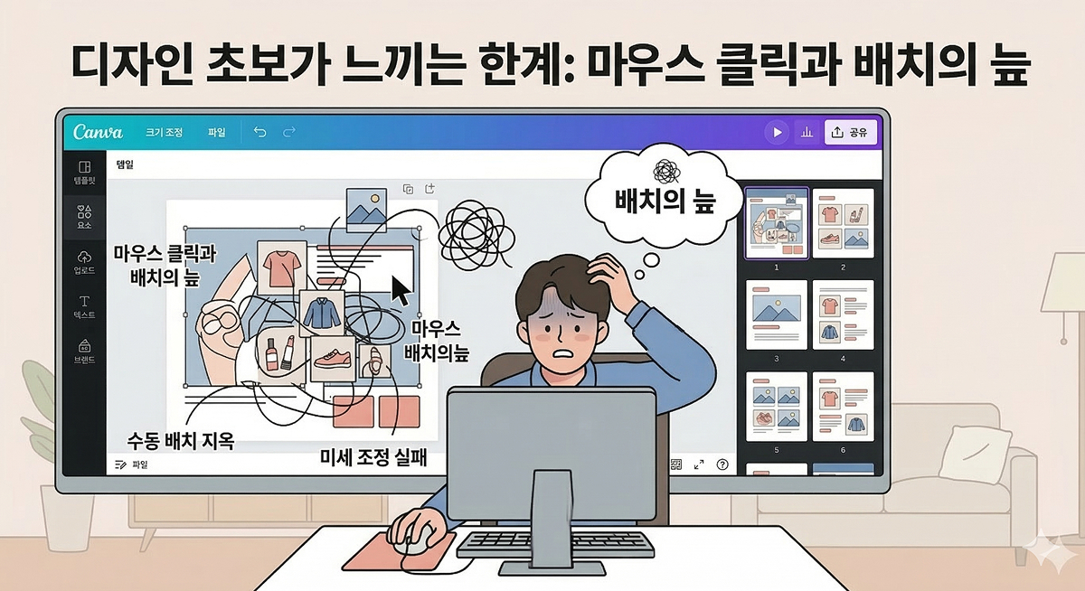 복잡하게 얽힌 디자인 툴의 레이어와 편집 요소 화면