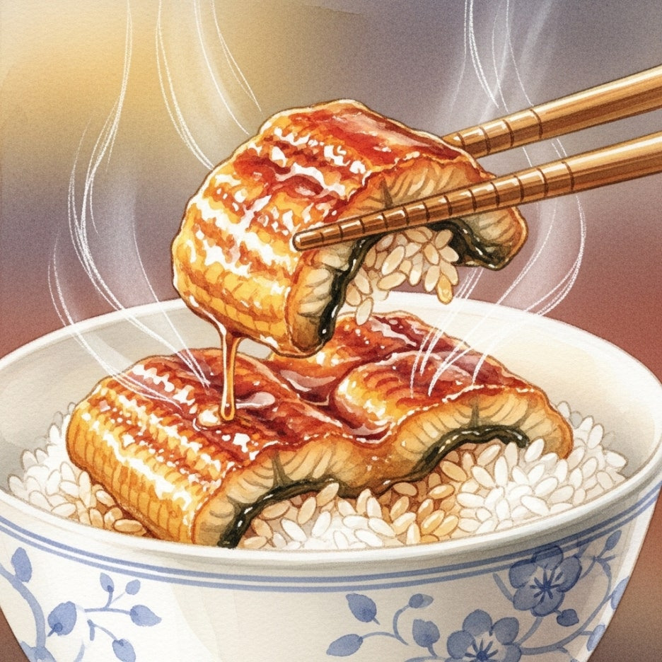 윤기가 흐르는 장어 한 점을 젓가락으로 들어 올리는 장면