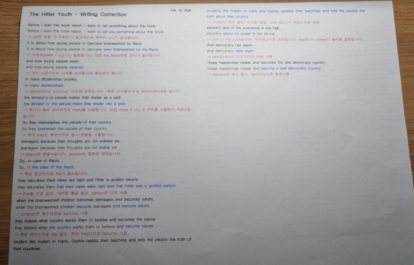 corrected version of Hitler Youth book report with grammar feedback