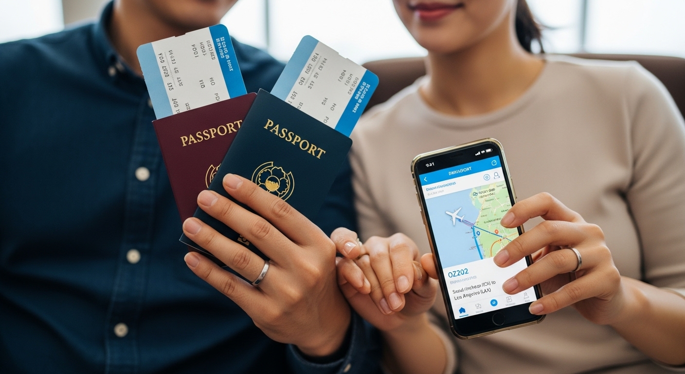 항공권과 여권을 들고 있는 한국인 신혼부부의 손, 설레는 여행 준비를 나타냄.