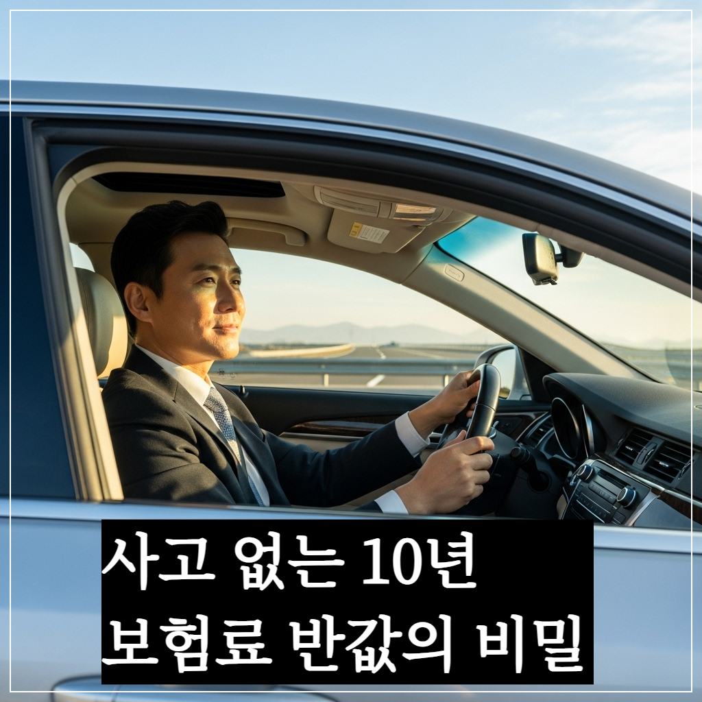 맑고 푸른 하늘 아래 탁 트인 고속도로를 여유롭게 주행하고 있는 고급스러운 실버 컬러의 세단. 운전석에는 성공한 분위기의 한국인 남성이 편안한 표정으로 핸들을 잡고 있으며, 대시보드 위로 황금빛 햇살이 부드럽게 내리쬐는 이미지