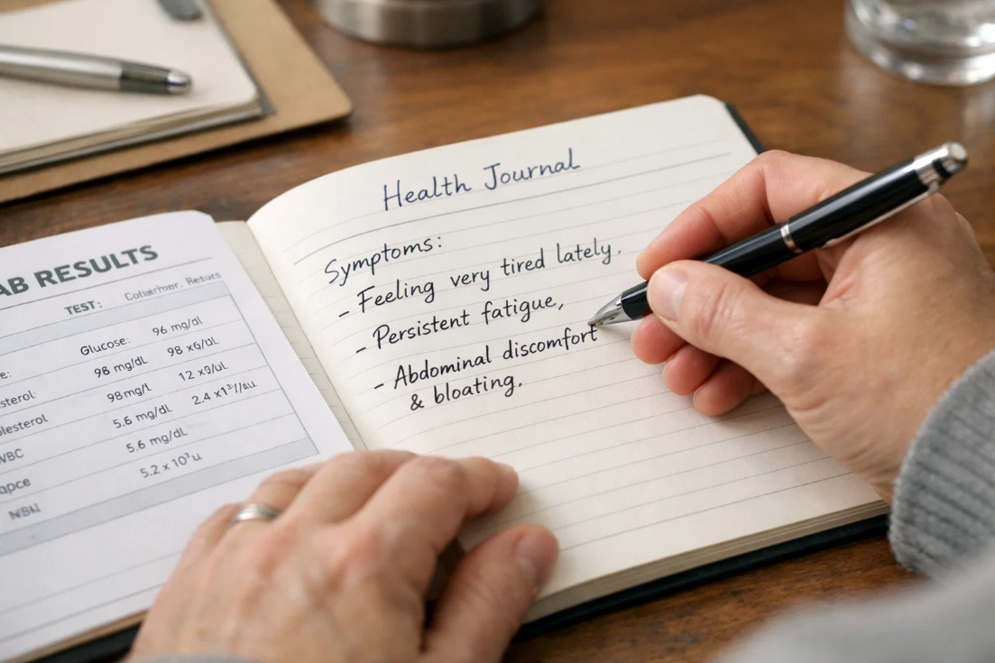 재검 전 특이 증상을 건강 노트에 기록하는 장면