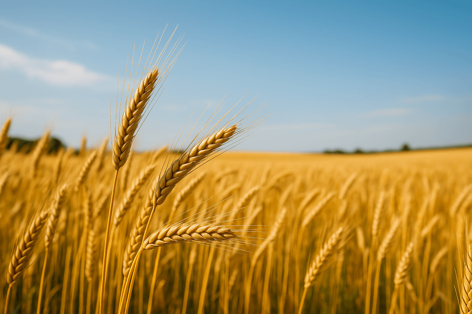 푸른 하늘 아래 황금빛으로 익은 카무트(곡물) 이삭이 자라는 들판 풍경