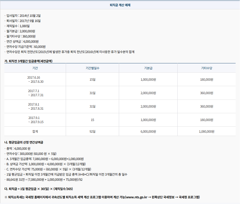 퇴직금 수령방법_계산 예시