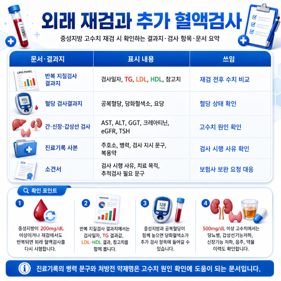외래 재검과 추가 혈액검사에서 반복 지질검사 결과지, 혈당 검사결과지, 간·신장·갑상선 검사, 진료기록과 소견서 확인 내용을 정리한 메디컬 인포그래픽