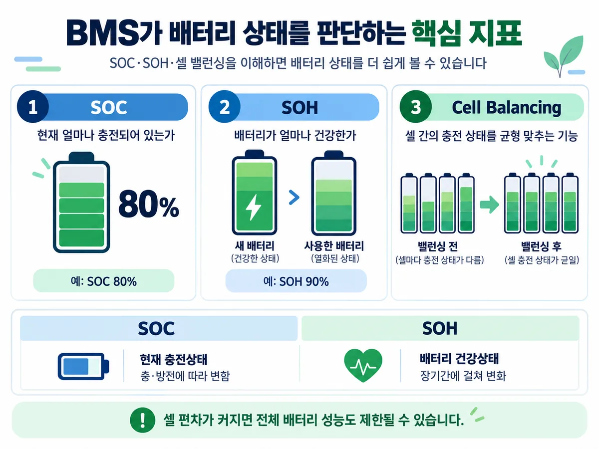 BMS의 SOC SOH와 셀 밸런싱 기능을 비교해 설명한 ESS 배터리 상태 인포그래픽