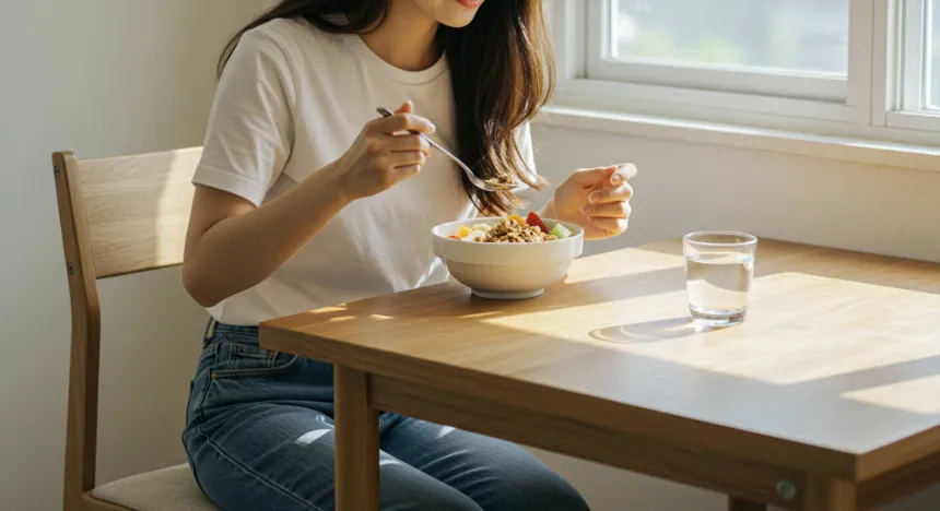 식탁에서 그릭요거트를 먹는 여자 이미지