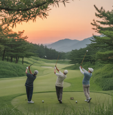 파크골프란 무엇인가 섹션 이미지 - 자연속에서 사람3명이 골프치는 이미지