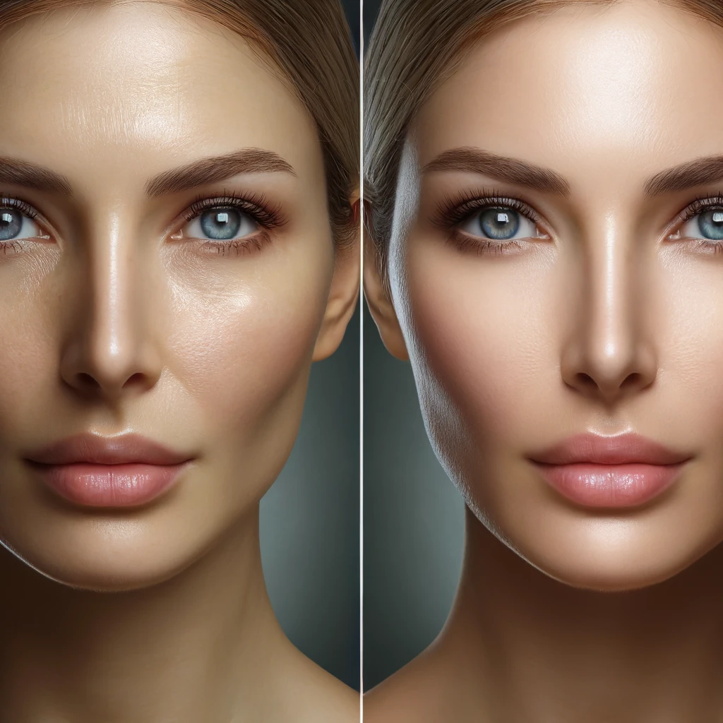 시술 전후 비교 사진. 왼쪽은 울쎄라 또는 써마지와 같은 비수술적 리프팅 시술 전의 모습으로, 턱선과 볼 부위가 처지고 주름이 뚜렷한 얼굴을 보여줍니다. 오른쪽은 시술 후 모습으로, 얼굴이 리프팅되고 주름이 완화되어 피부가 더 탄력 있고 매끄러워진 상태를 강조한 이미지입니다.