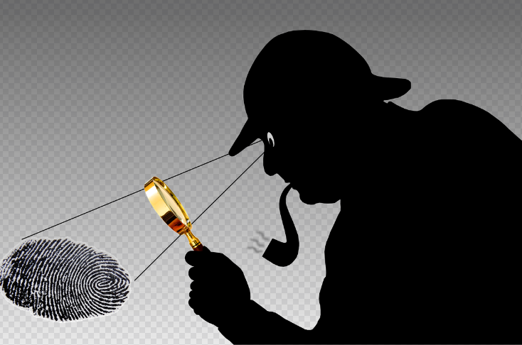 탐정이 지문을 돋보기로 보는 사진